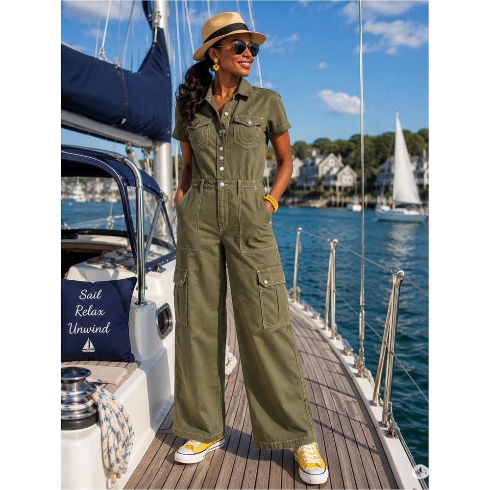 True Religion Twill Cargo Straight Jumpsuit Womens Small Green Kalamata $209